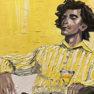 Купить картину портрет «Жёлтый акцент» – молодой человек с бокалом, интерьерная живопись 15×20 см